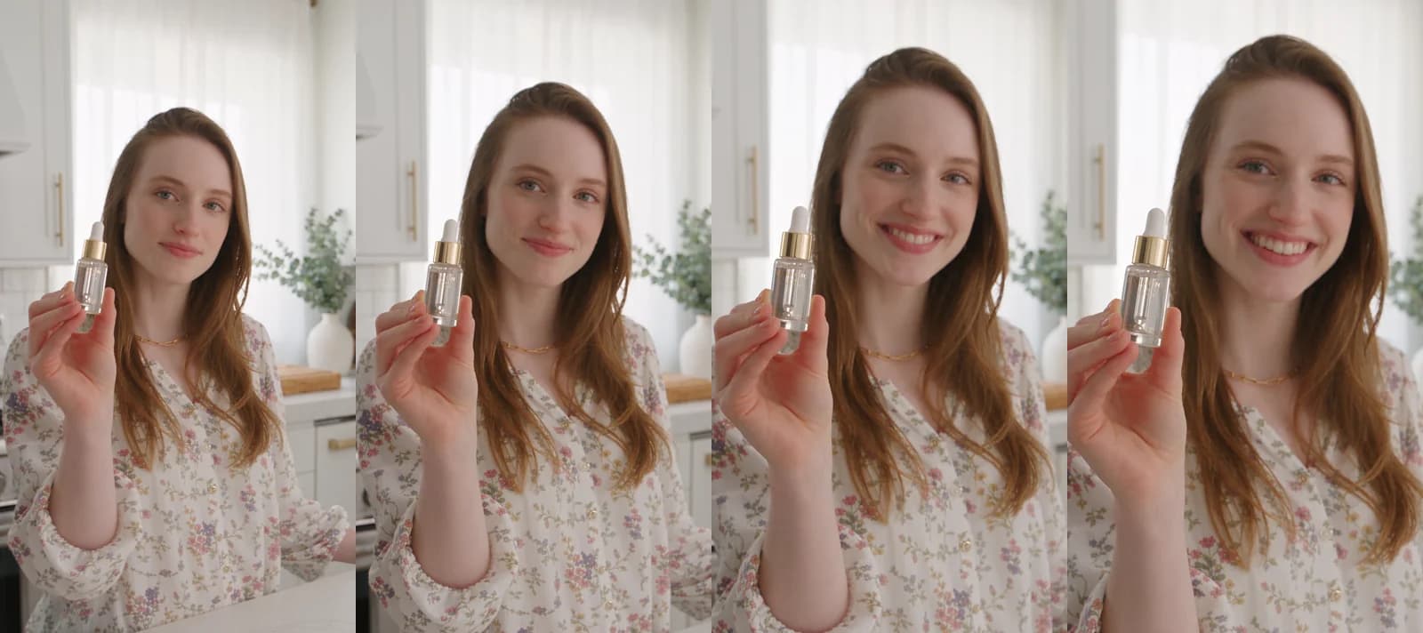 Four frames from a five-second Seedance 2.5 clip made in Novoads, showing a woman in a bright kitchen who holds a small glass serum bottle with a gold cap toward the camera and smiles