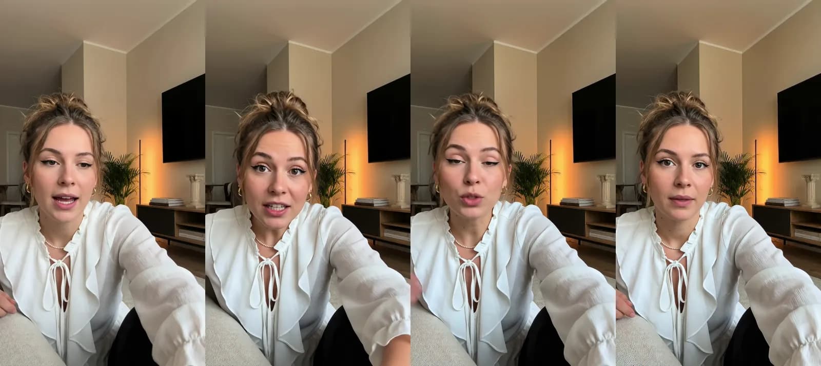 Four frames from a Novoads talking-actor ad in which an AI actor talks to camera about linen sheets for hot sleepers