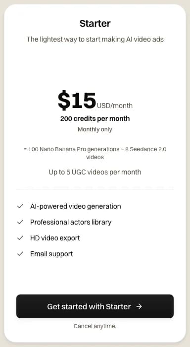 The Starter card on the novoads.ai pricing page: $15 a month for 200 credits, monthly only, up to 5 UGC videos a month