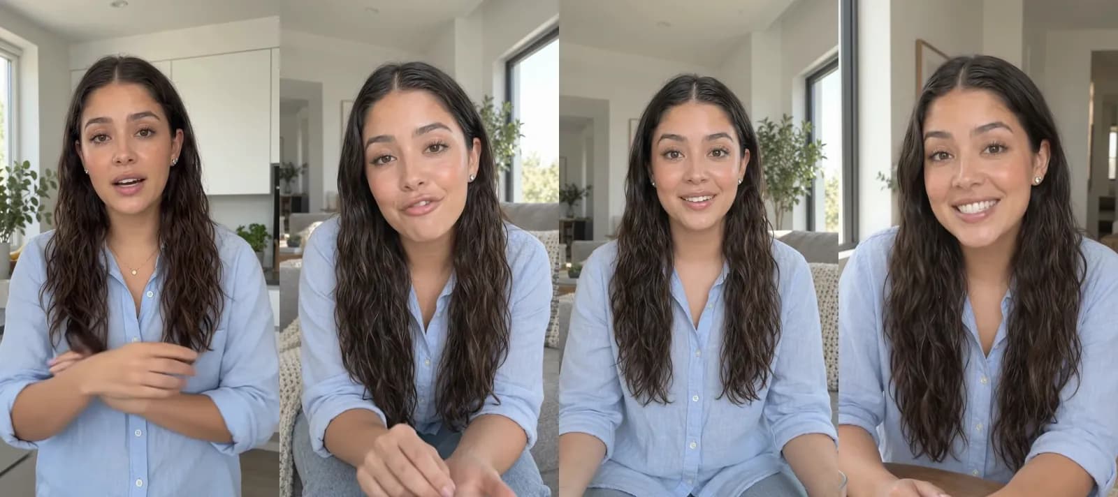 Four frames from a 28-second ad made in three Omni Flash scenes: a woman in a light-blue shirt talks to the camera in her kitchen, on a sofa and at a dining table