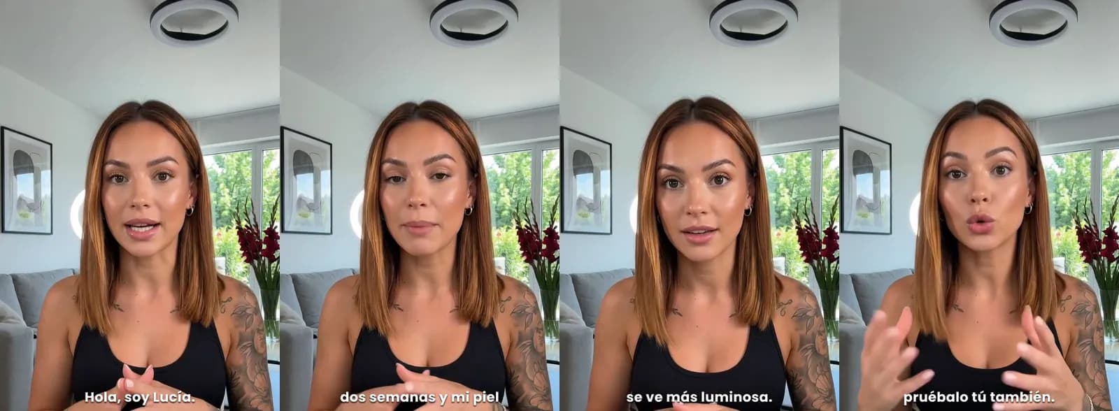 Four frames from an 8-second Novoads talking actor at 480p with subtitles burned in: a woman in a black top talks to the camera in Spanish while white captions show her words
