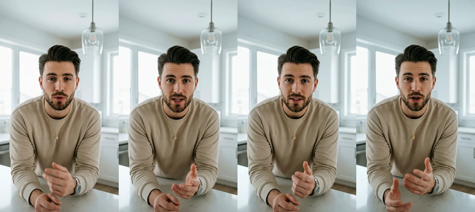 Four frames from a 10-second Novoads talking-actor ad: a man leaning on a bright kitchen island talks to the camera about a pour-over coffee set