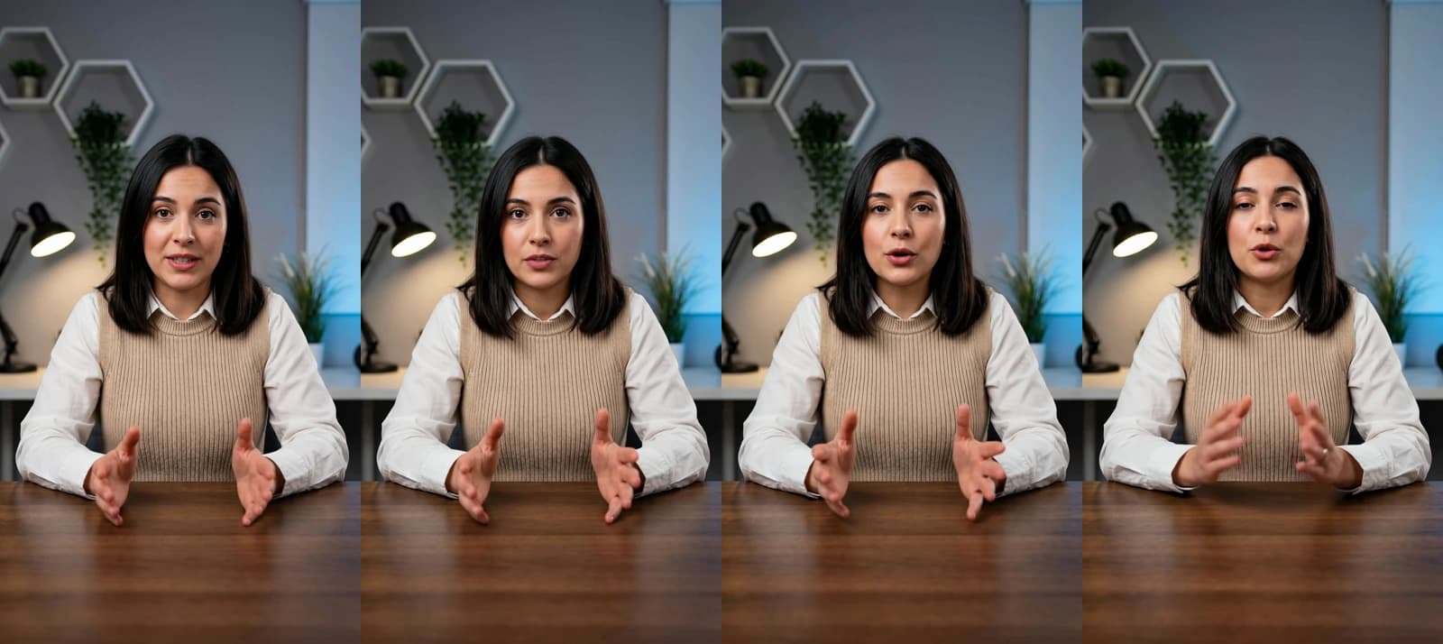 Four frames from a 23-second Novoads talking-actor ad: a presenter at a desk in a home office talks to the camera about a tool that builds her weekly reports