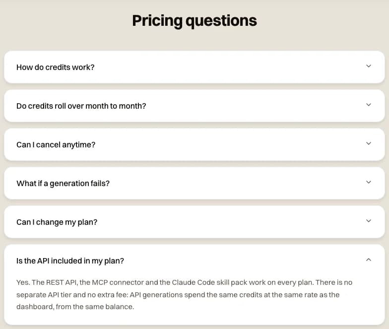 The novoads.ai pricing FAQ with Is the API included in my plan? open: the REST API, the MCP connector and the Claude Code skill pack work on every plan, with no separate API tier