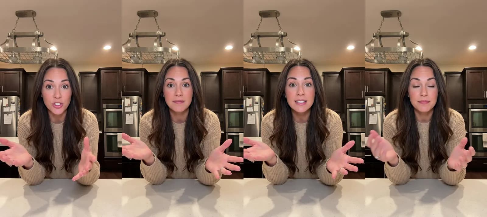 Four frames from a 15-second Novoads talking-actor ad: a woman in a beige sweater at a kitchen island talks to the camera about switching to silicone storage bags