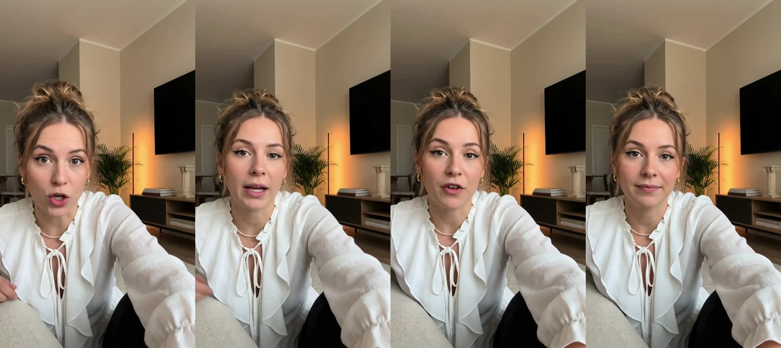 Four frames from a 10-second Novoads talking-actor ad: a woman in a white blouse on her living-room sofa talks to her phone camera about organizing a junk drawer