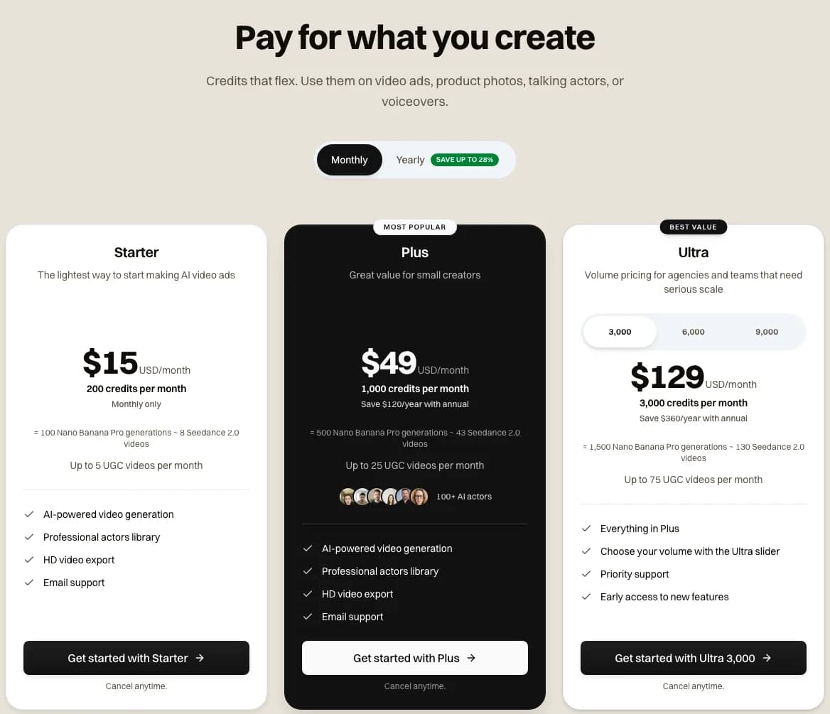 The Novoads pricing page on monthly billing, showing the Starter, Plus and Ultra plan cards side by side