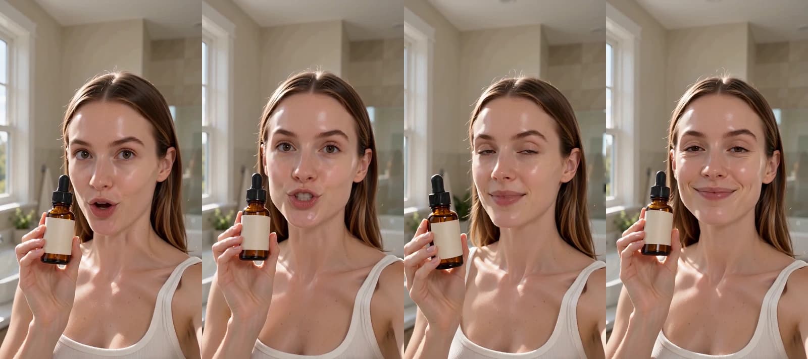 Four frames from a 10-second Seedance 2.0 Mini clip in which a woman in a sunlit bathroom holds an amber serum bottle with a plain cream label beside her cheek