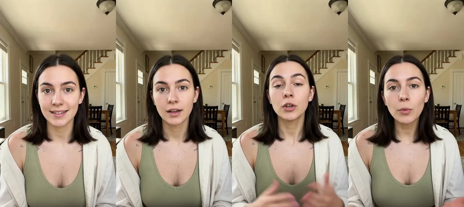 Four frames from a 10-second Novoads talking-actor ad: a woman in a sage tank top and an open linen shirt talks to the camera in her hallway about a pet hair roller