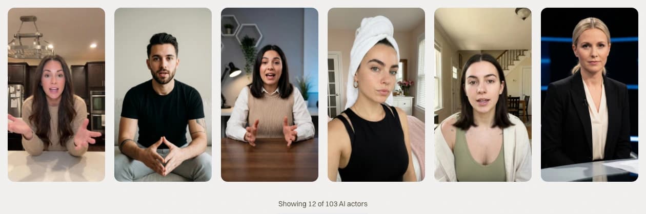 Six library actors on the novoads.ai actors page, above the line Showing 12 of 103 AI actors
