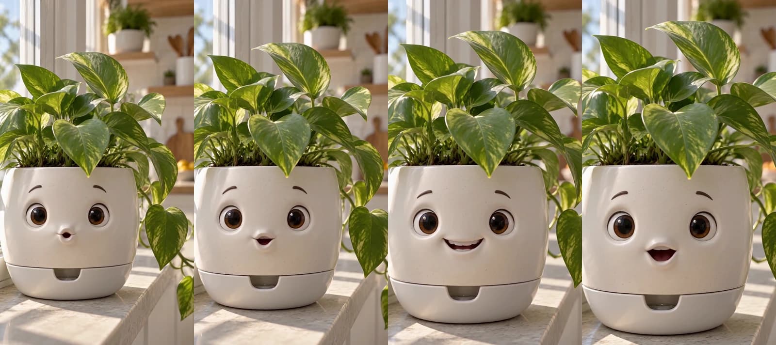 Four frames from an 8-second Seedance 2.0 Mini clip: a white ceramic planter with a cartoon face on a sunny kitchen windowsill moves its mouth as it talks