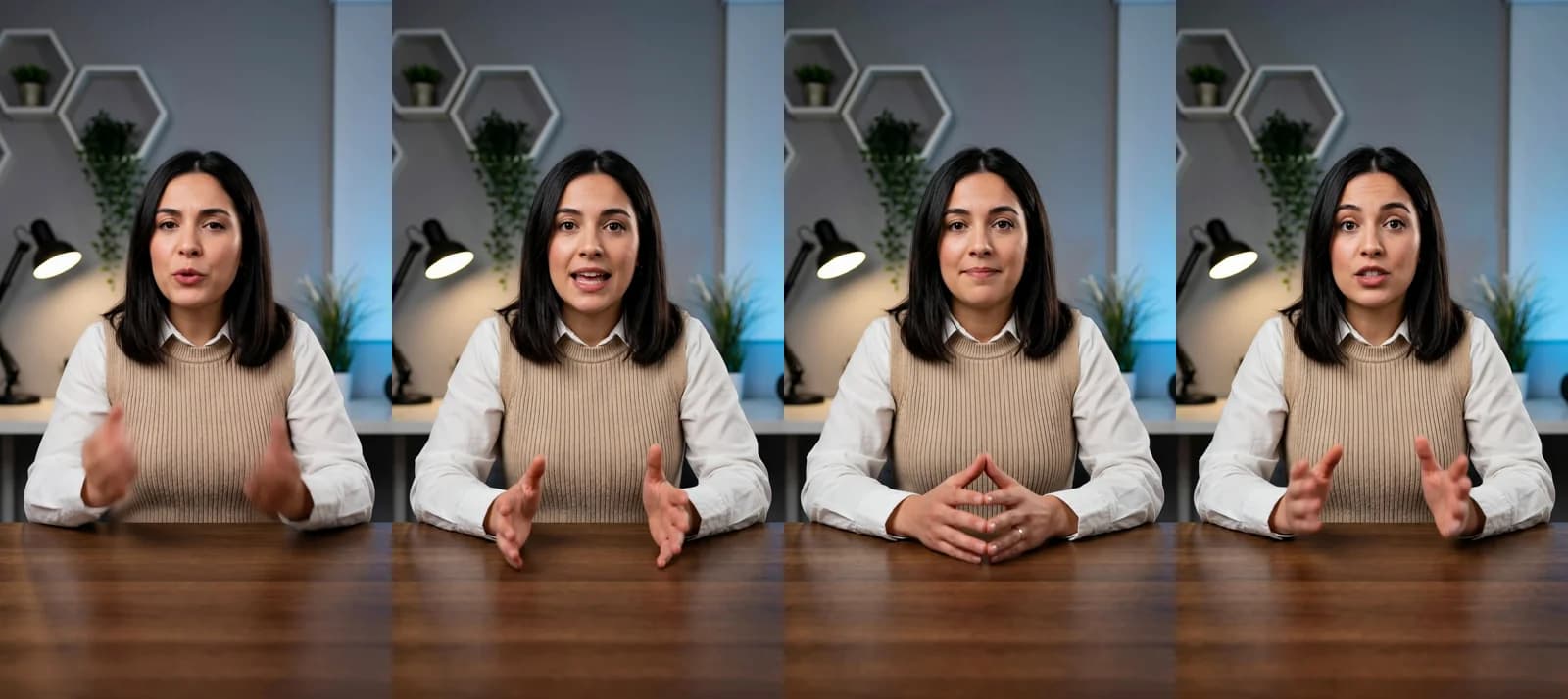 Four frames from a 23-second Novoads talking-actor ad: a presenter at a desk explains how a tool now builds her weekly reports