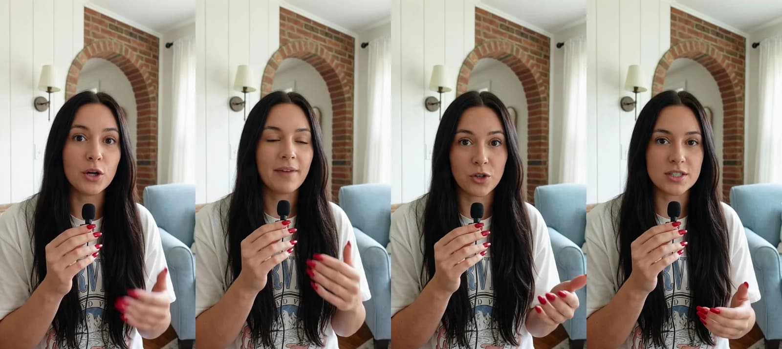 Four frames from a 14-second Novoads talking-actor ad: a creator holding a small microphone talks about a soy candle in her living room