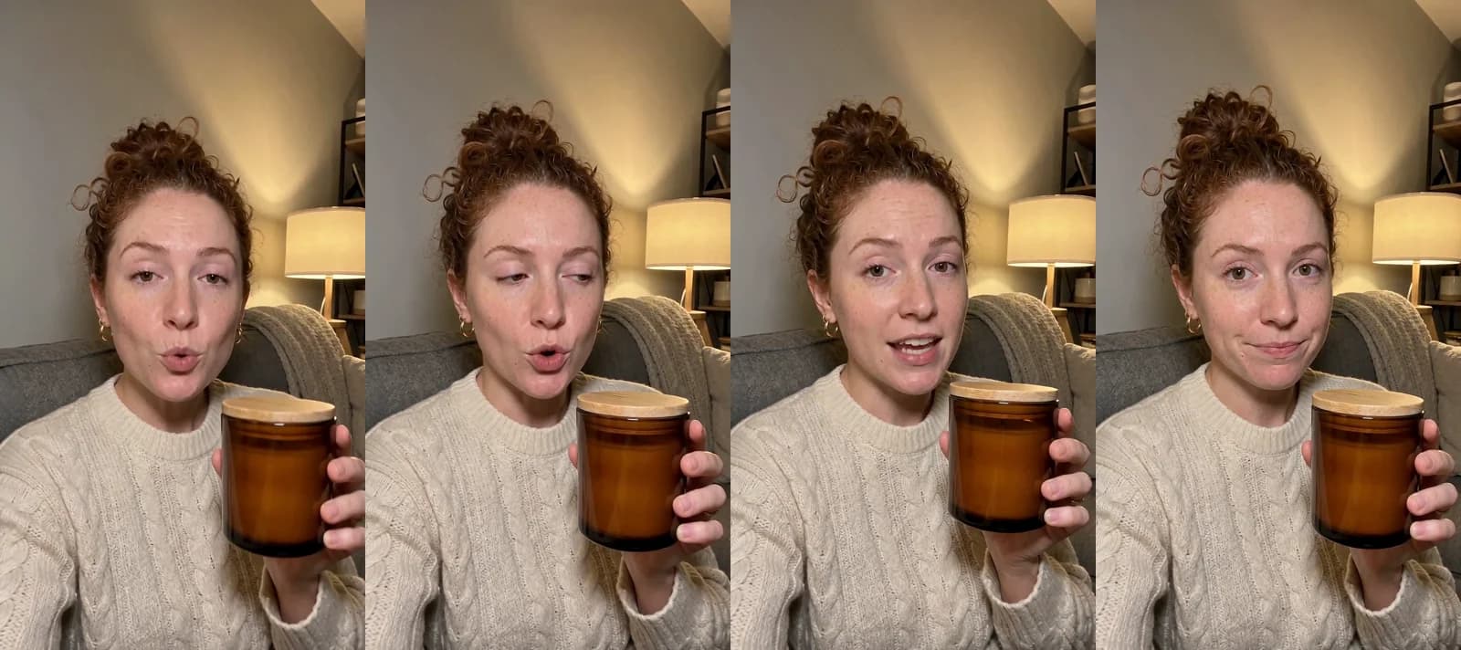 Four frames from hook A: a woman on her sofa holds an amber candle jar up to her phone camera and talks