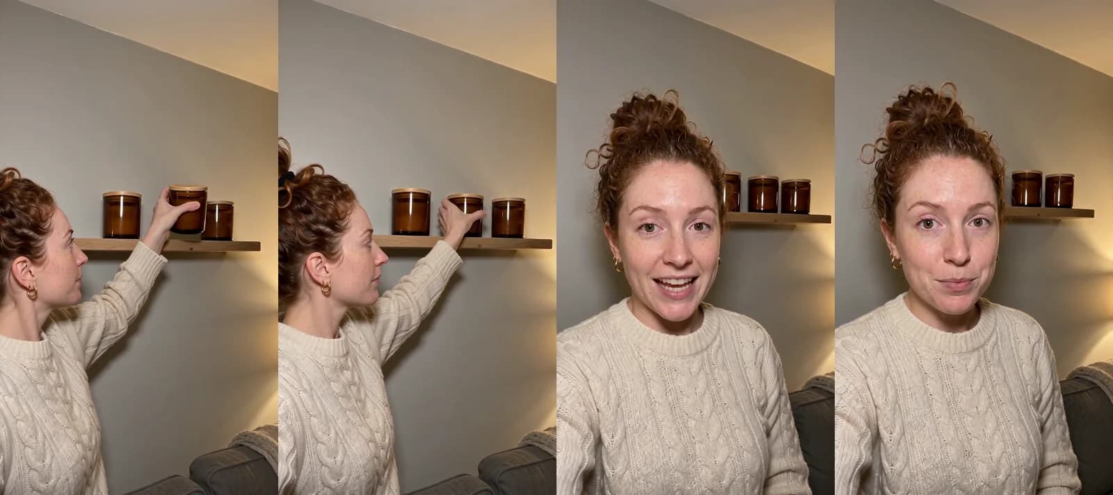 Four frames from hook C: the same woman sets the candle jar on a shelf beside matching jars, then turns to talk