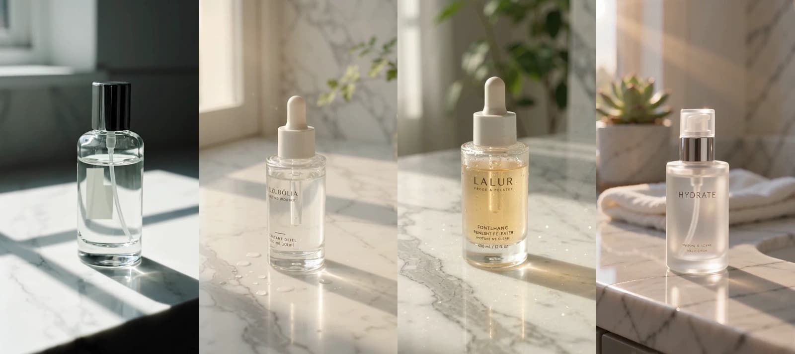 One prompt on four Novoads video models: one frame from each 4-second clip of a glass skincare bottle on a marble counter, from Google Veo 3.1, Omni Flash at 720p, Omni Flash at 4K and Seedance 2.0 Mini