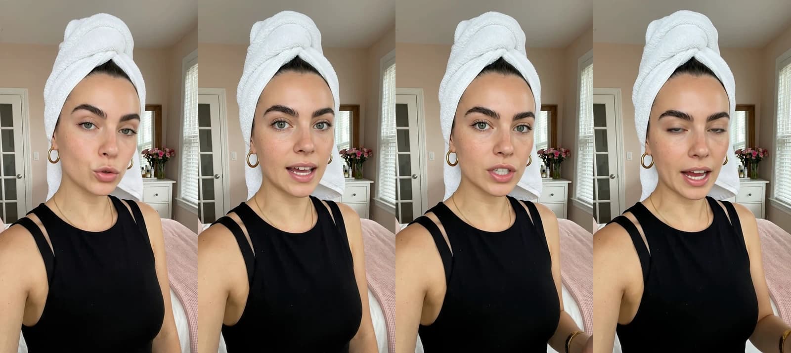 Four frames from a 12-second Spanish Novoads talking-actor ad: a woman with her hair wrapped in a towel talks to her phone camera in a bedroom about a vitamin C serum