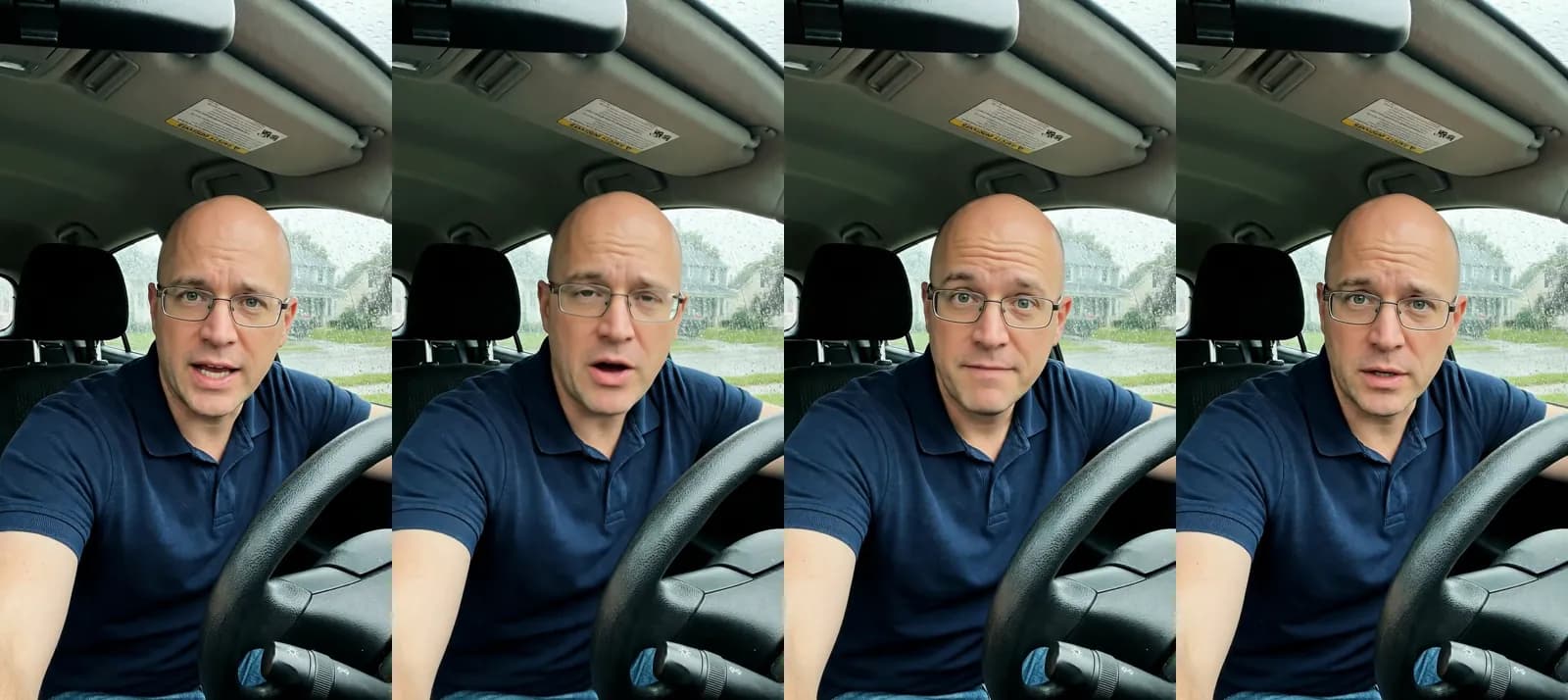 Four frames from an 11-second Novoads talking-actor ad in English: a bald man in glasses and a navy polo talks to the camera from the driver's seat about the protein bites he keeps in the glovebox