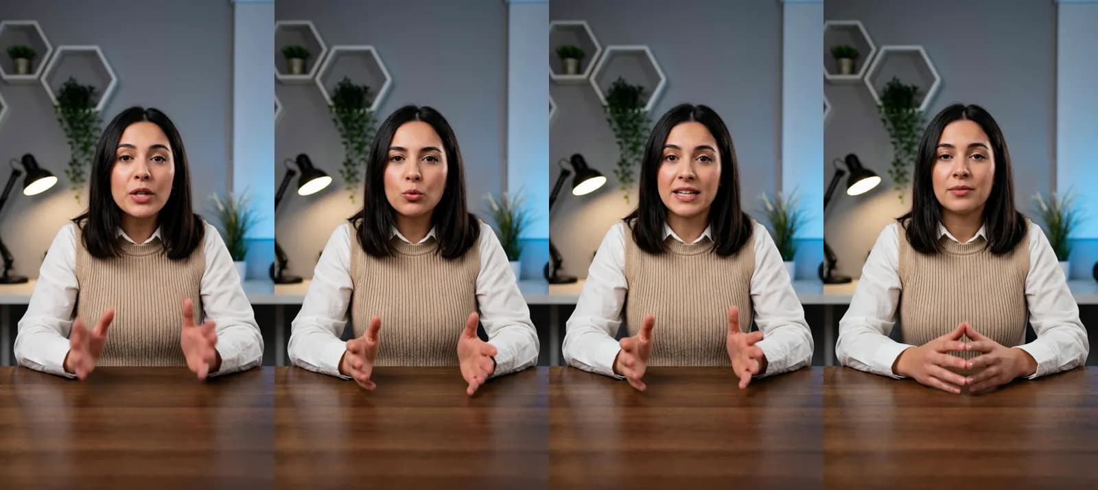 Four frames from a 12.7-second Novoads talking-actor ad in Spanish: a woman in a beige knit vest at her desk talks to the camera about the protein bites she keeps in her desk drawer