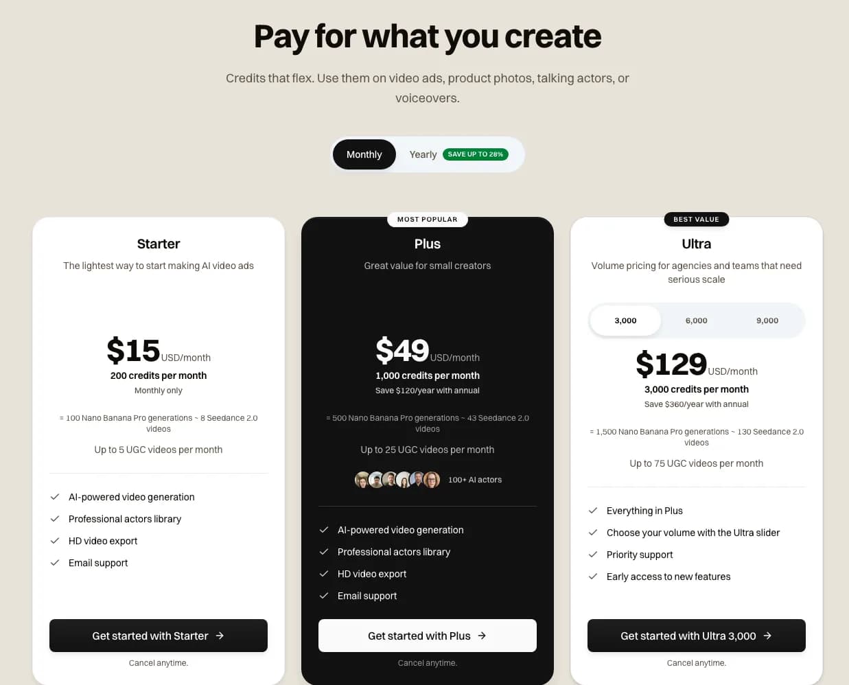 The Novoads pricing page on Monthly, with the Starter, Plus and Ultra cards