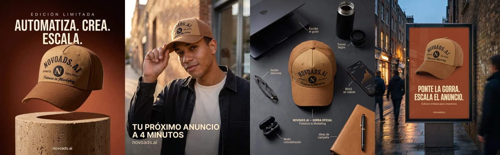 Four 4:5 static ad formats for the Novoads merch cap with Spanish headlines: studio hero, street portrait, desk flat-lay and a street billboard