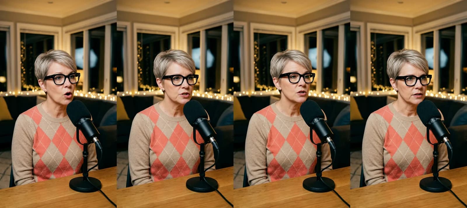 Four frames from a 13-second Novoads talking-actor ad: a woman with short grey hair and glasses talks about a dog shampoo at a podcast microphone