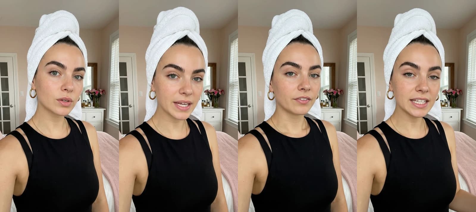 Four frames from a 6-second Spanish Novoads talking-actor clip: a woman with her hair wrapped in a towel speaks to her phone camera in a bedroom