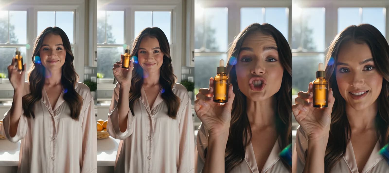 Four frames from a 5-second Kling v3 Pro clip at 1080p: a young woman in a sunlit kitchen holds a small amber serum bottle up to the camera and says this changed my mornings