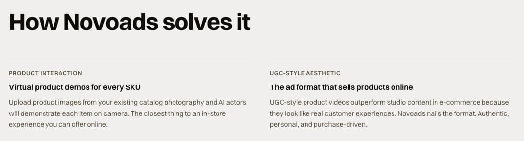 The first row of How Novoads solves it cards on the novoads.ai e-commerce ads page: virtual product demos for every SKU, and the ad format that sells products online