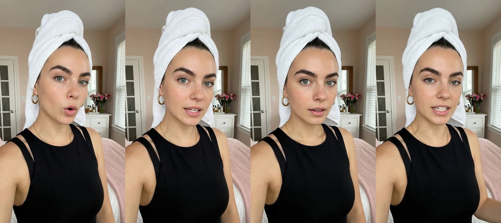 Four frames from a 6-second Spanish Novoads talking-actor clip: a woman with her hair wrapped in a towel talks to her phone camera in a bedroom about a serum