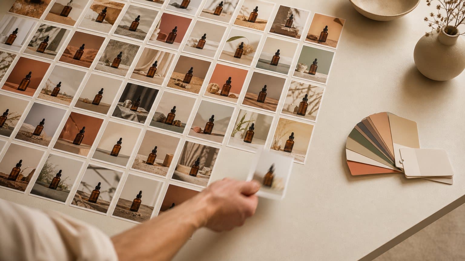 A designer pulls one card from a grid of dozens of printed variations of the same serum bottle in different colors and scenes