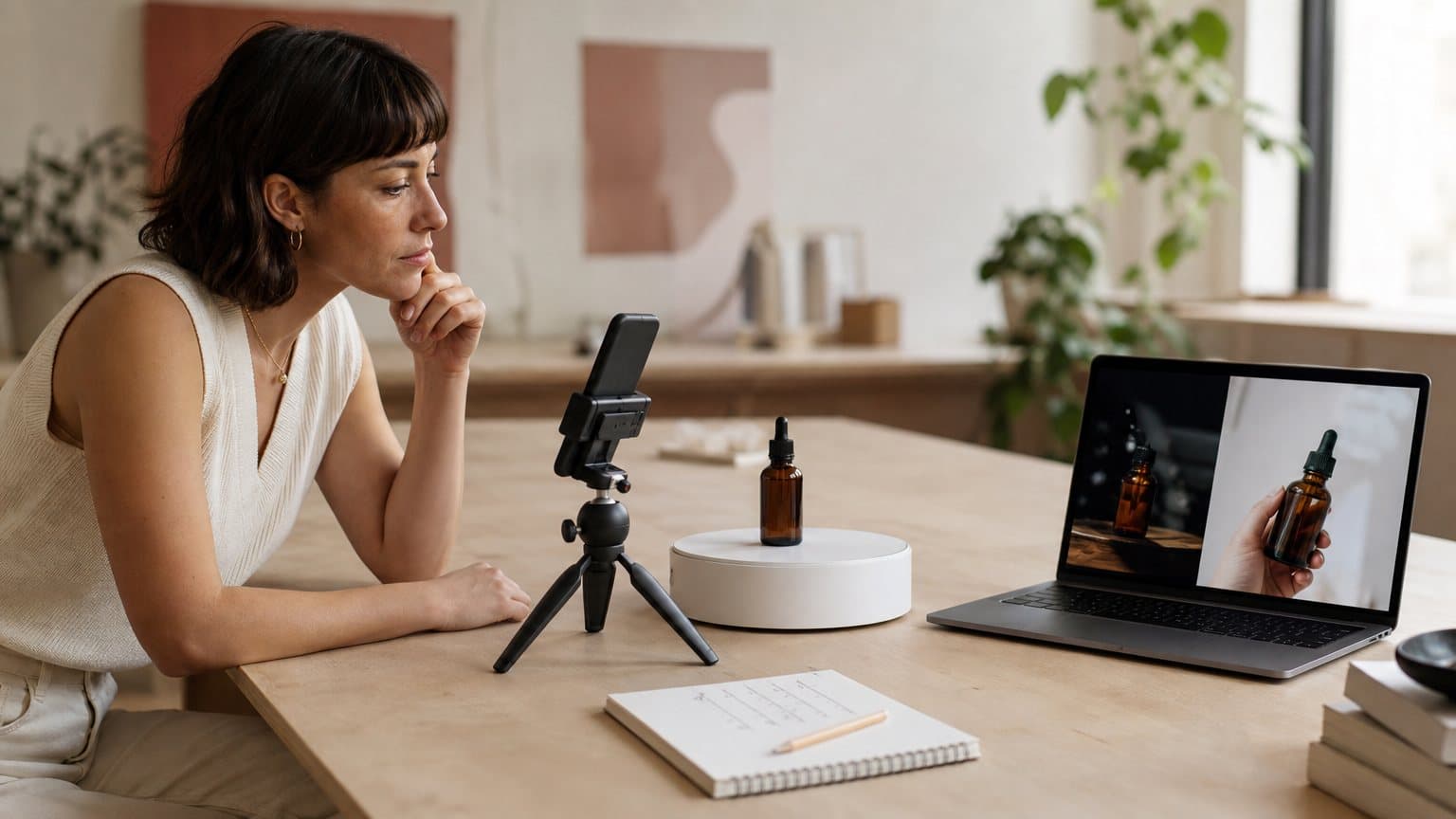 A creative strategist comparing two takes of the same serum ad, one cinematic and one selfie-style, with tally marks on a notepad