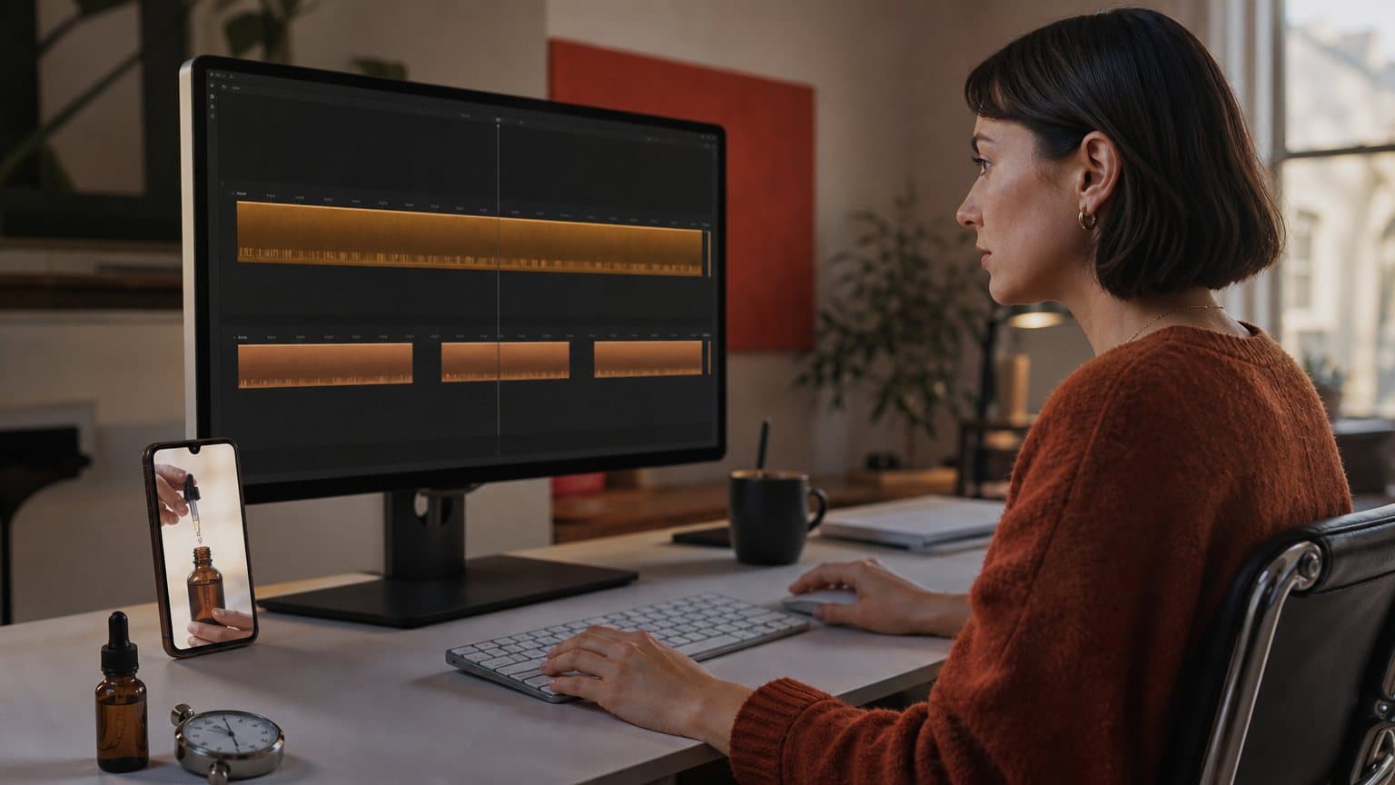 A creative strategist at an editing desk comparing one long continuous clip with three short clips on a monitor, a vertical serum ad playing on a phone
