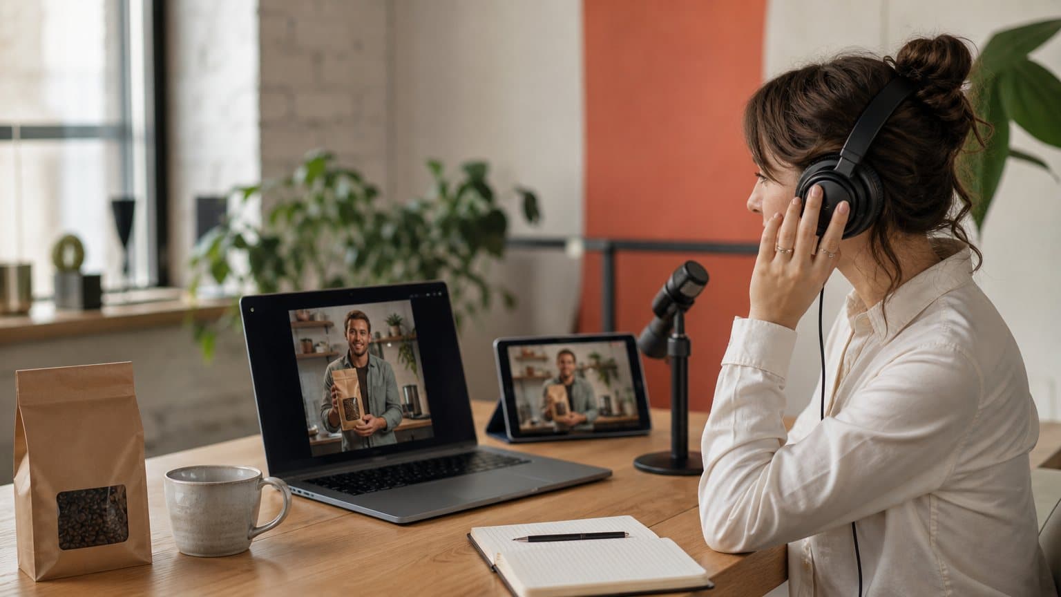 A creative producer listening on headphones while a laptop and a tablet show the same paused kitchen clip of a man holding a bag of coffee