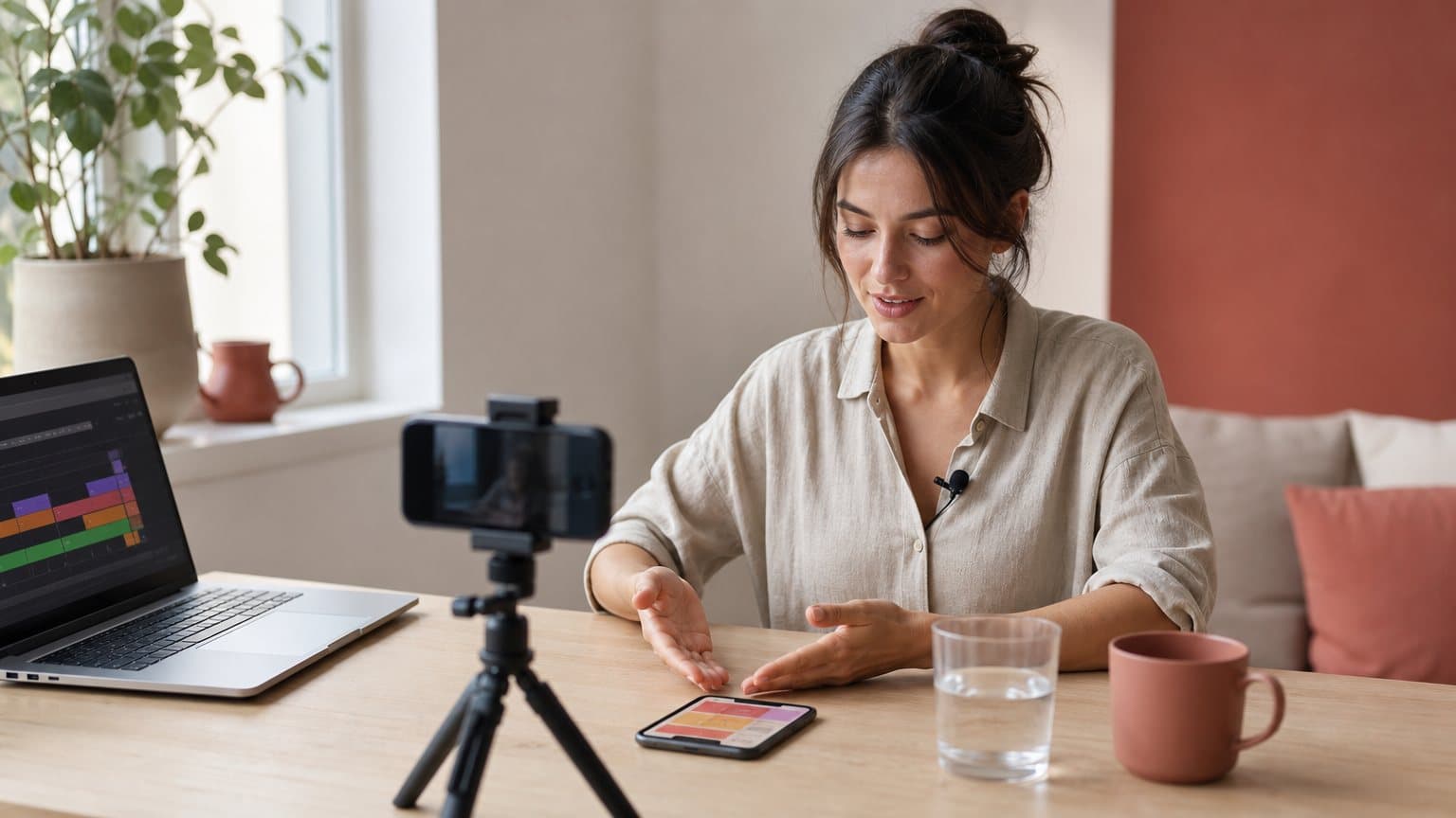 A creator filming a vertical video of an app on a phone screen while a laptop shows the screen recording timeline