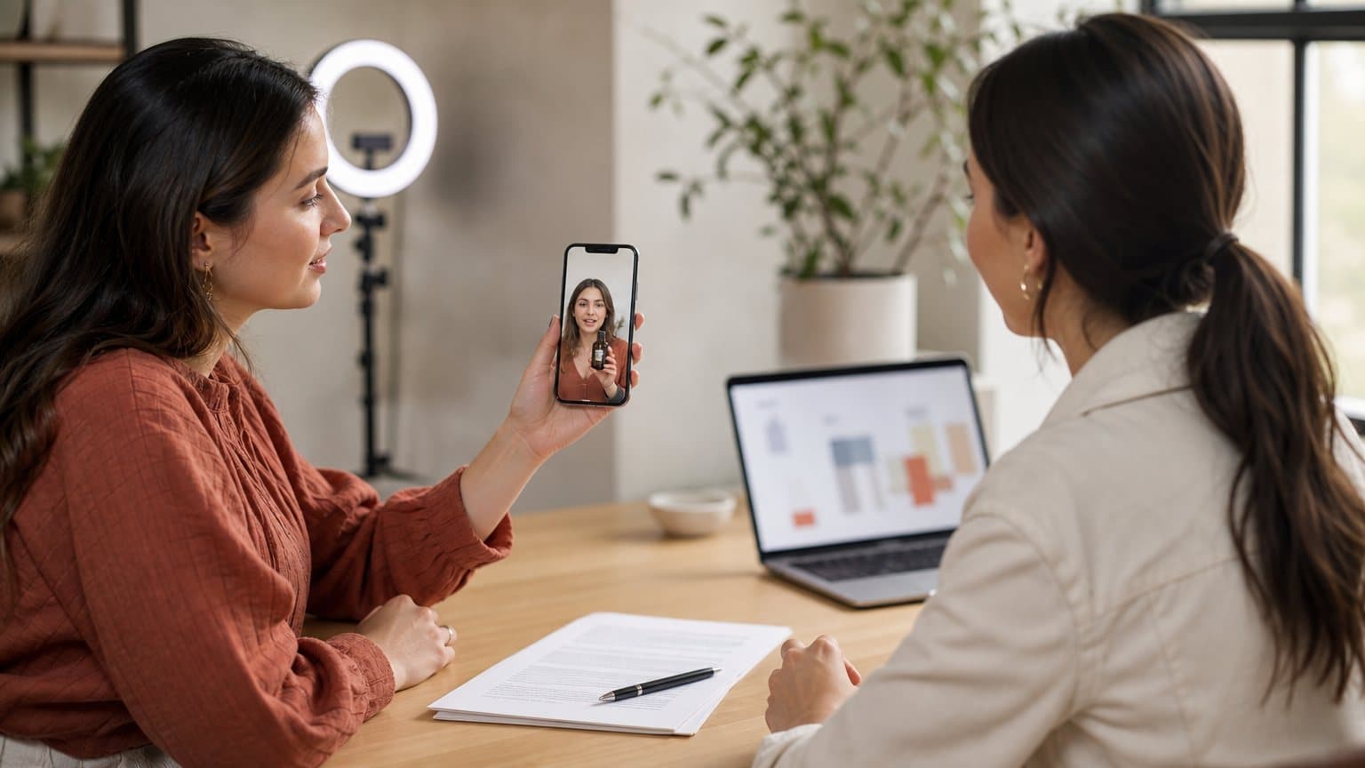 A UGC creator showing a brand marketer her product video on a phone beside a printed agreement