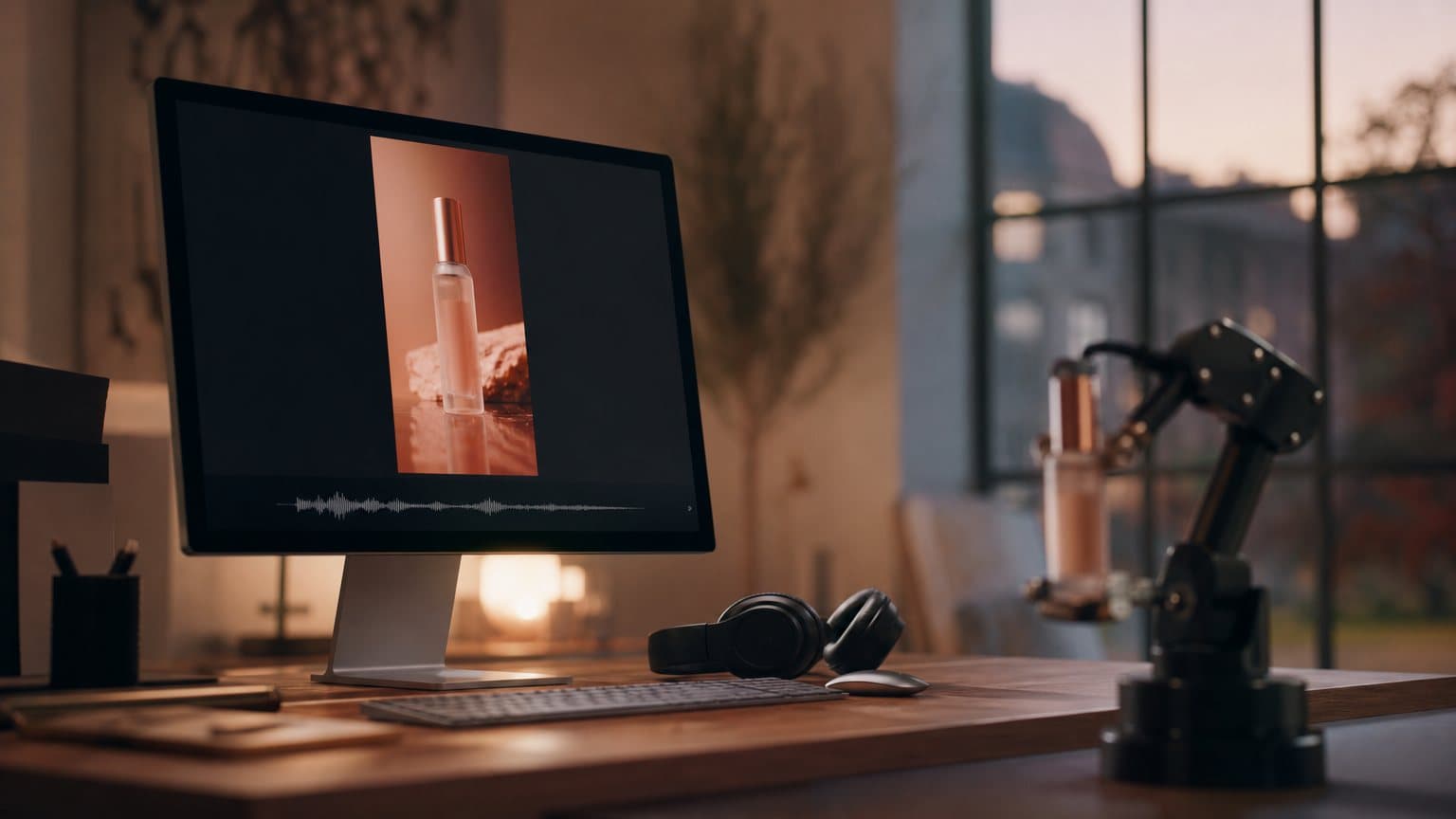 A production monitor showing a paused vertical product ad with an audio waveform, beside a small desktop robotic arm holding a cosmetics bottle