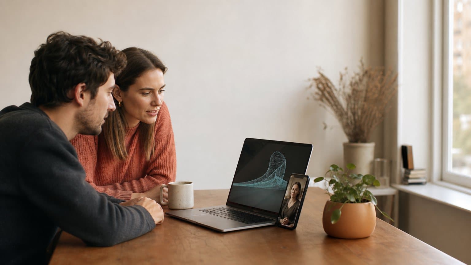 A small creative team reviewing an AI-generated video ad on a laptop in a warm, minimal studio