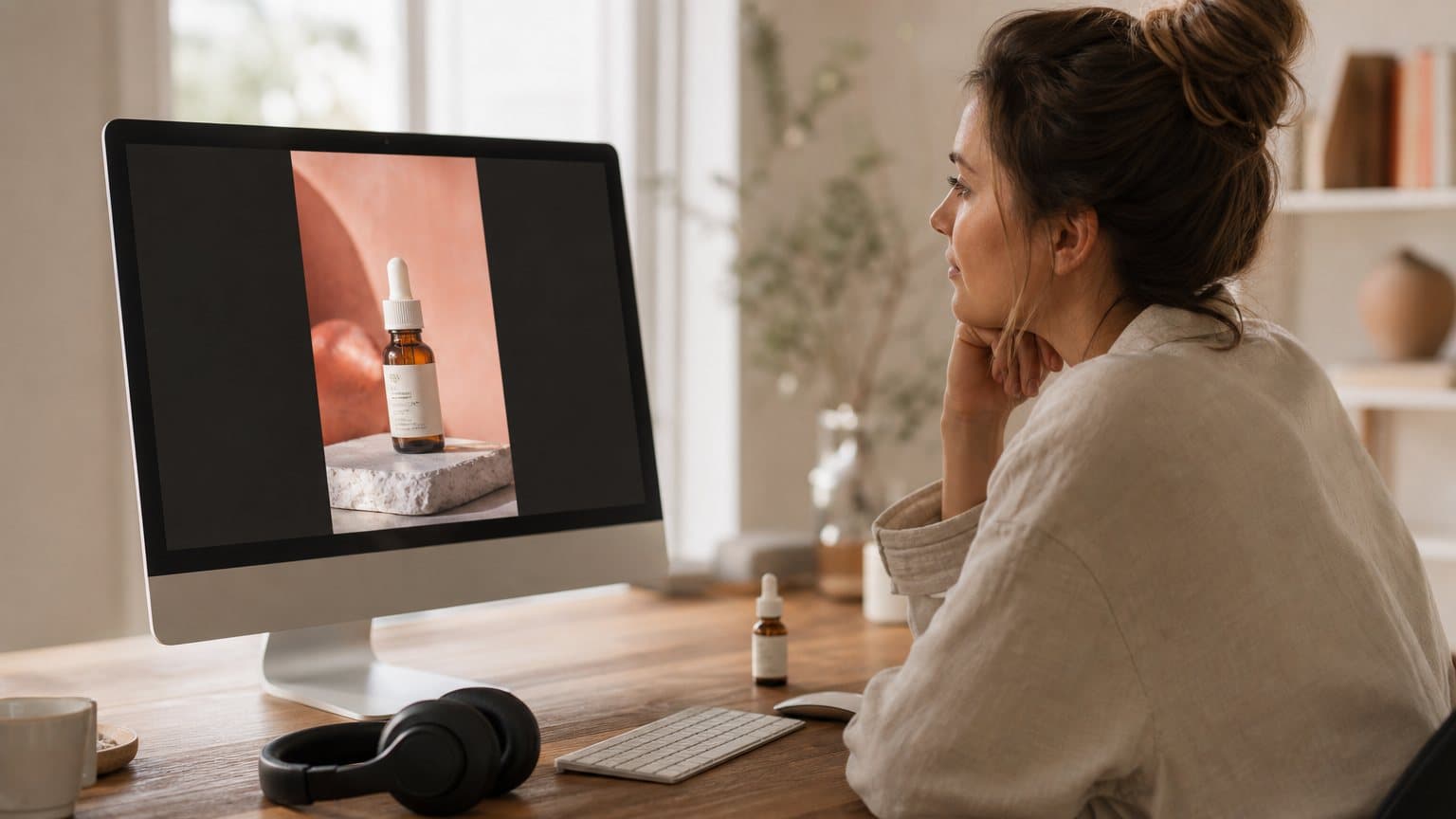 A marketer studying a sharp vertical product ad frame on a large monitor with studio headphones on the desk