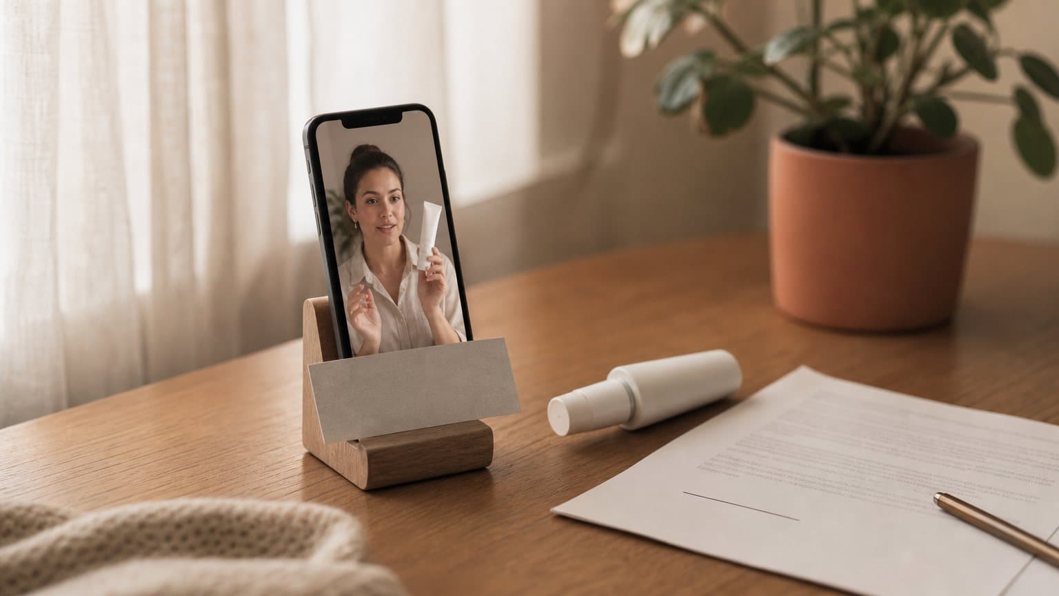 A phone on a desk showing a creator holding a product, with a blank grey label bar across the lower third, beside the product and an unsigned agreement