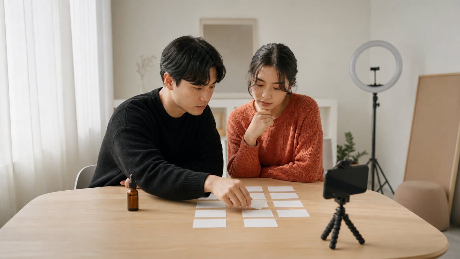Two marketers arranging blank index cards in a grid beside a serum bottle and a phone on a tripod before filming an ad