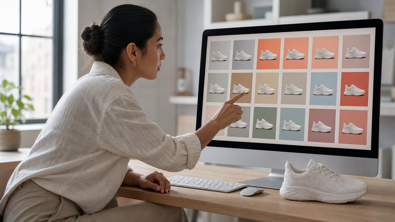 A generated photo of a marketer pointing at one tile in a monitor grid of sneaker ad variations on colored backgrounds, with the same white sneaker on her desk