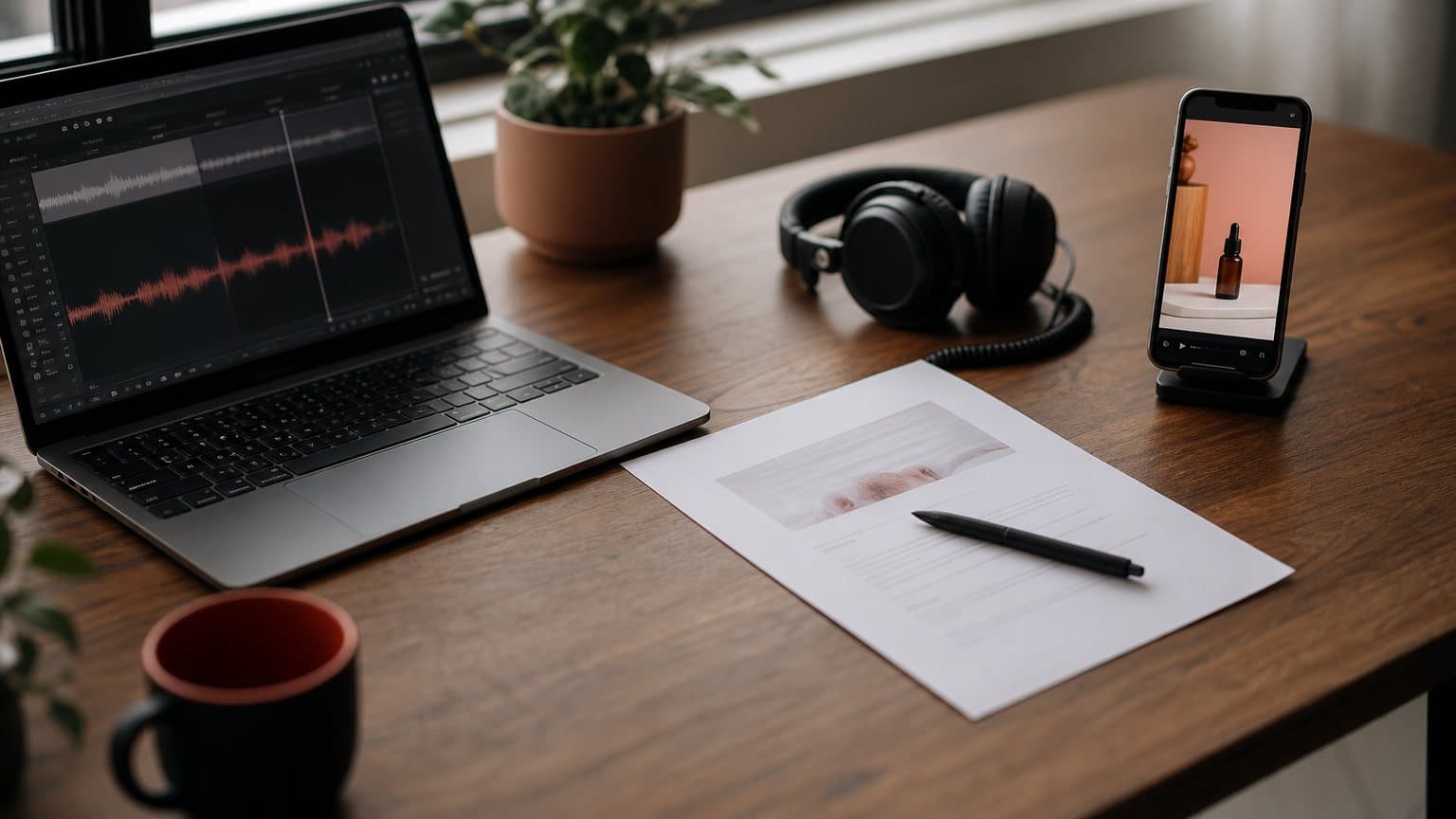 A laptop showing an audio waveform editor beside a printed terms document on a wooden desk, with studio headphones at the edge of the frame