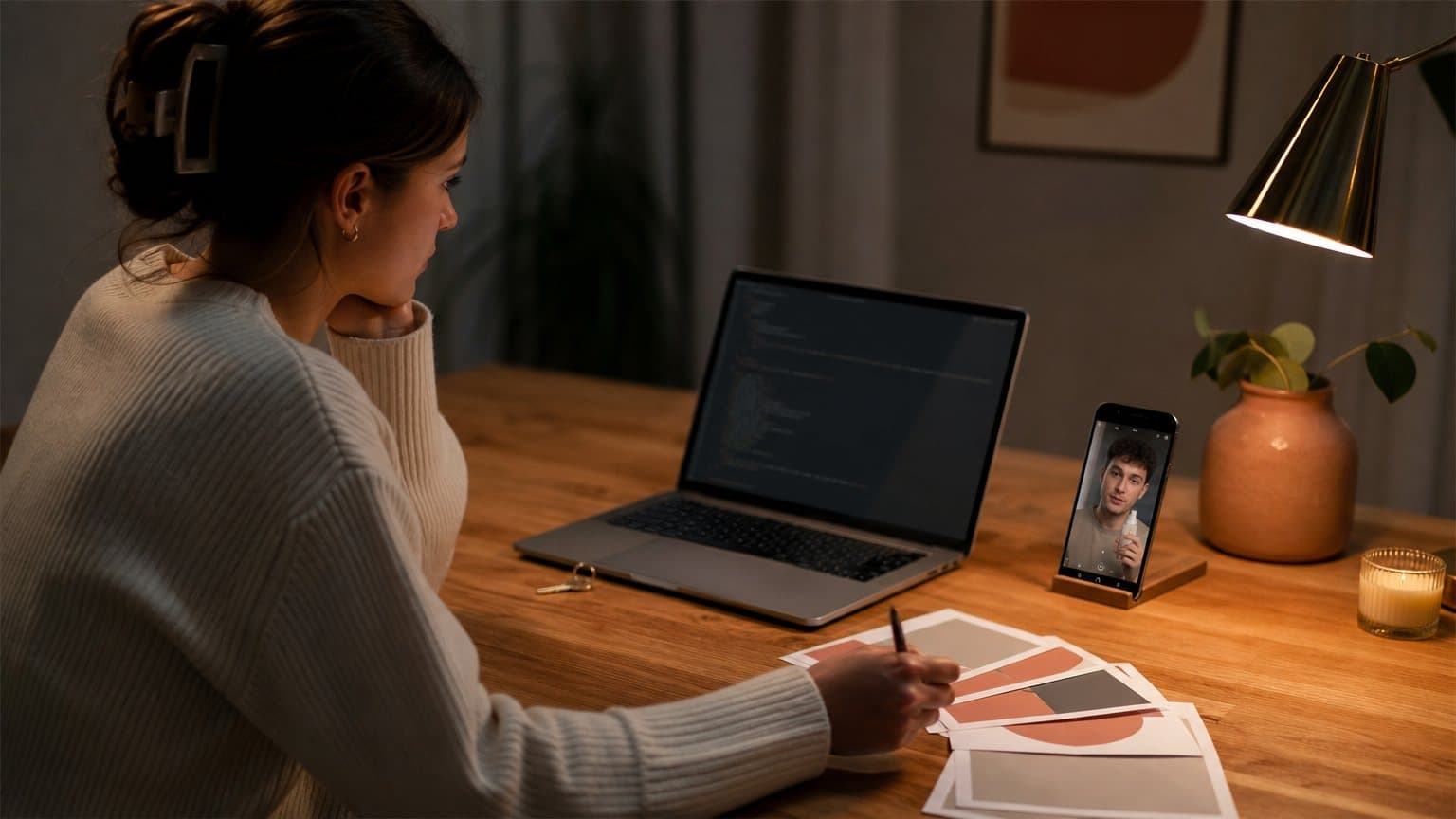 A performance marketer at a night desk with a code editor open on a laptop and a paused vertical video ad on a phone beside it