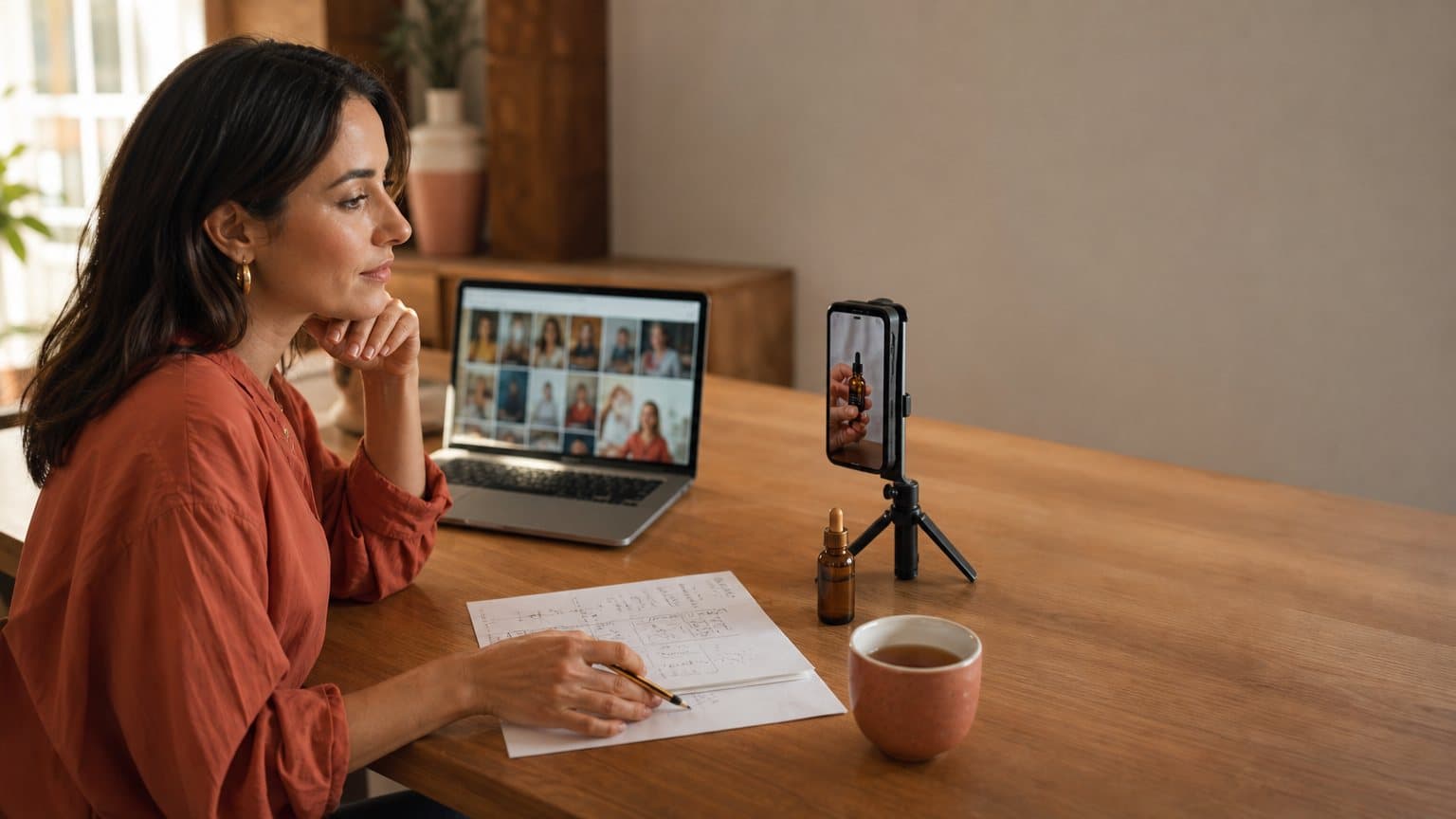 A marketer at a desk with a marked-up printed ad script, a laptop showing a grid of presenter portraits, and a phone playing a short vertical product video