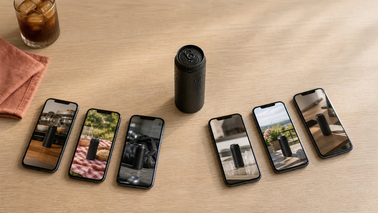 An overhead view of a desk with one cold-brew coffee can surrounded by six phones, each playing a different video of the same can