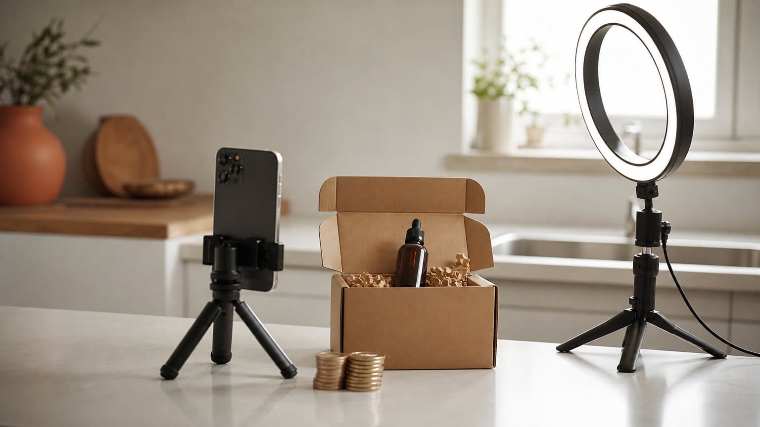 A phone on a small tripod and a ring light on a kitchen counter, either side of an opened shipping box holding an amber dropper bottle, with two short stacks of coins in front