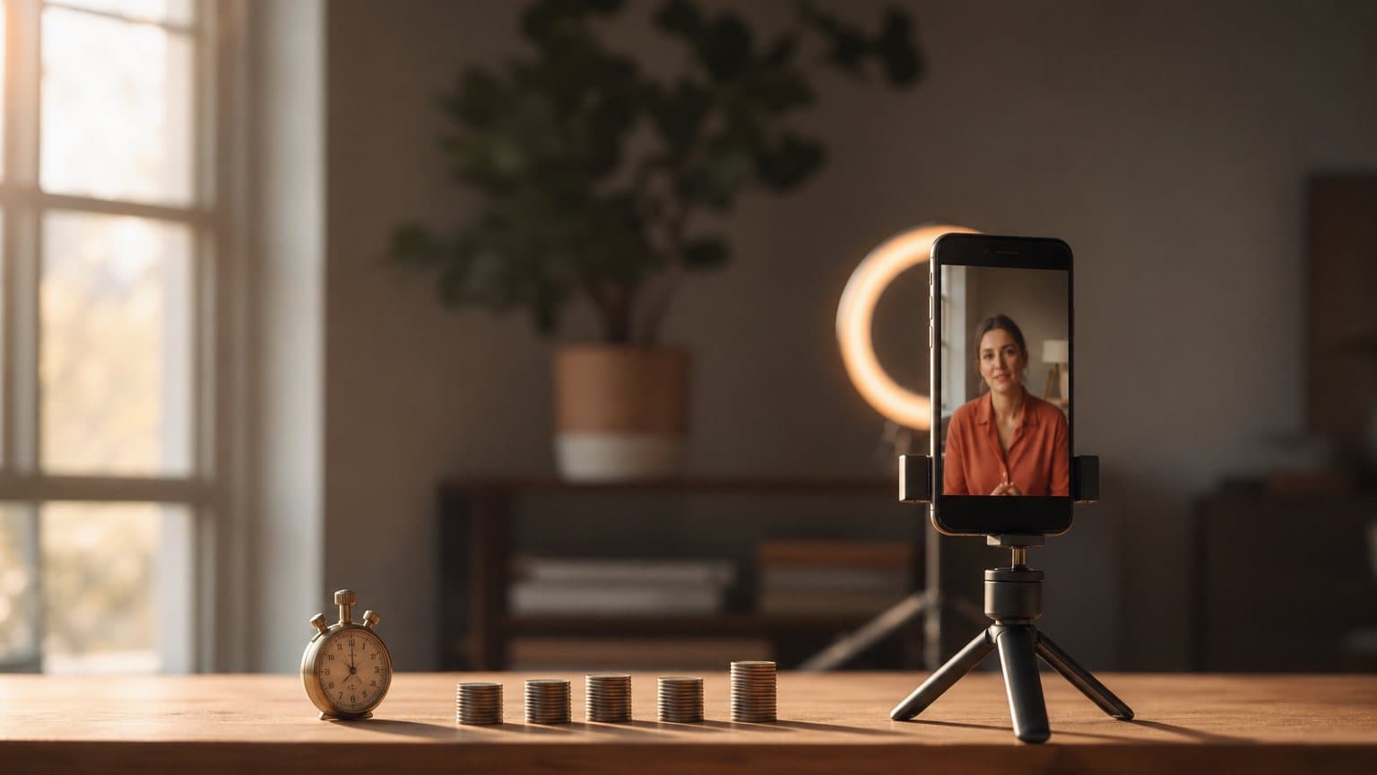 A phone on a small tripod recording a talking-head video, beside a brass stopwatch and five short stacks of coins on a wooden desk