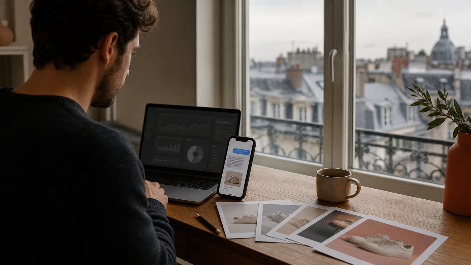 A media buyer at a desk beside a window onto European rooftops, with printed product photo variations spread out and a phone showing a chat answer with a sponsored card