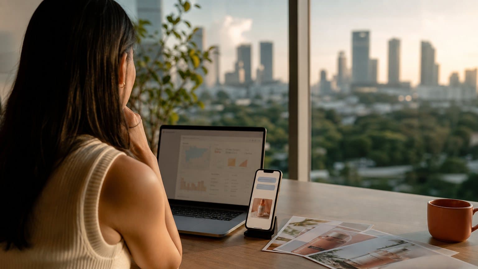 A media buyer at a window desk in Singapore with printed skincare ad variations and a phone showing a chat answer with a sponsored card